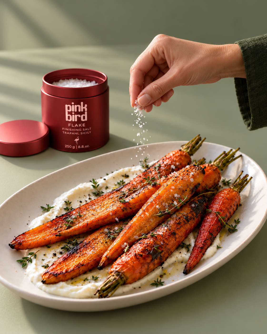 Editorial visualization: A hand finishes roasted carrots and yogurt with a pinch of salt beside an open Flake jar and its cap. Packaging and salt texture are illustrative.