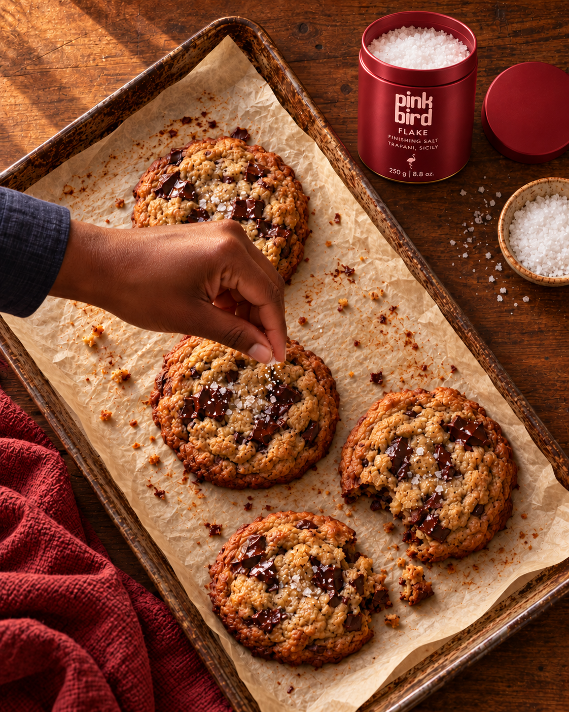 Editorial visualization: A hand sprinkles a light pinch of finishing salt onto cookies beside an open Flake jar and its cap. Packaging and salt texture are illustrative.