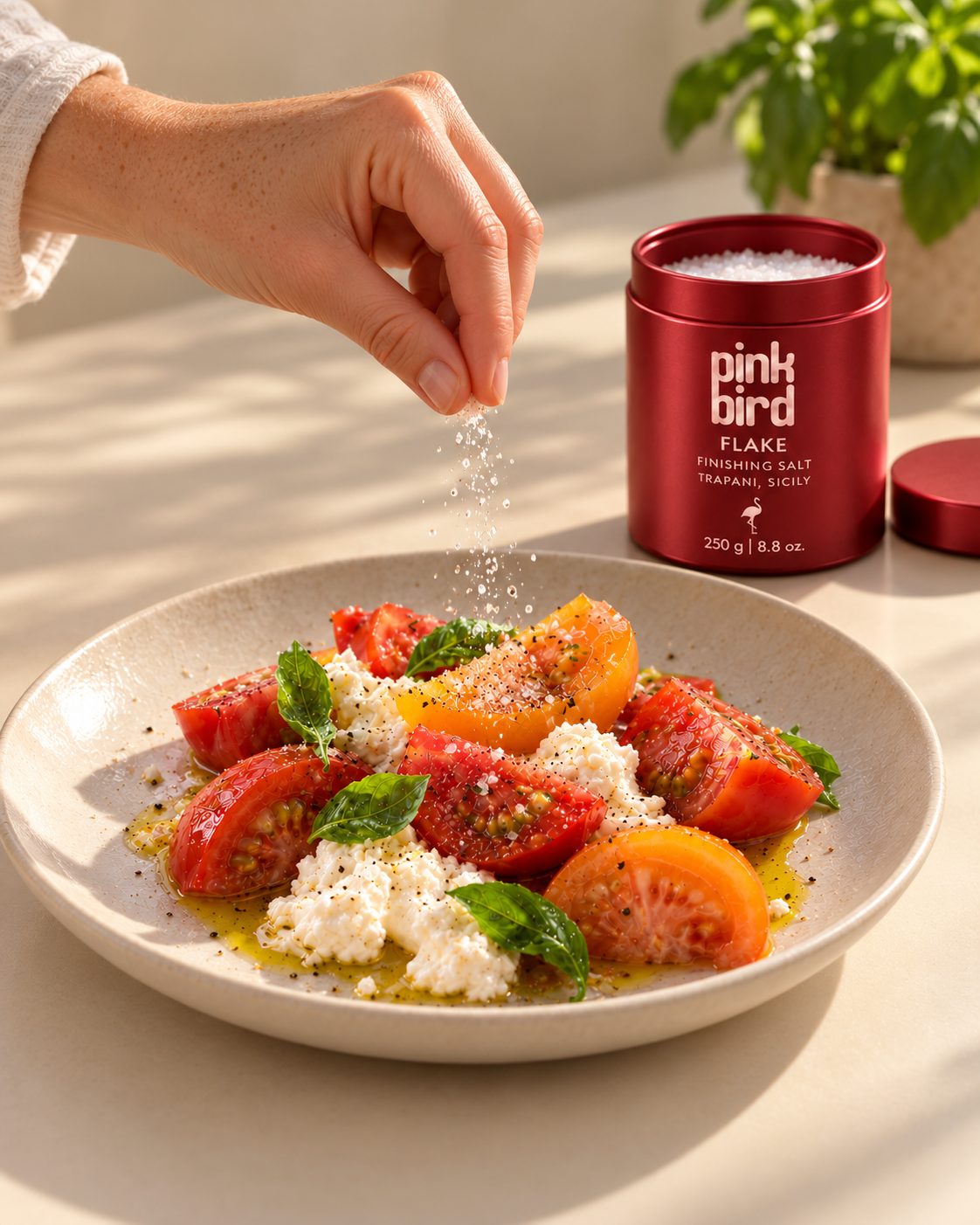 Editorial visualization: A hand pinches finishing salt onto tomatoes and soft cheese beside an open Flake jar and its cap. Packaging and salt texture are illustrative.