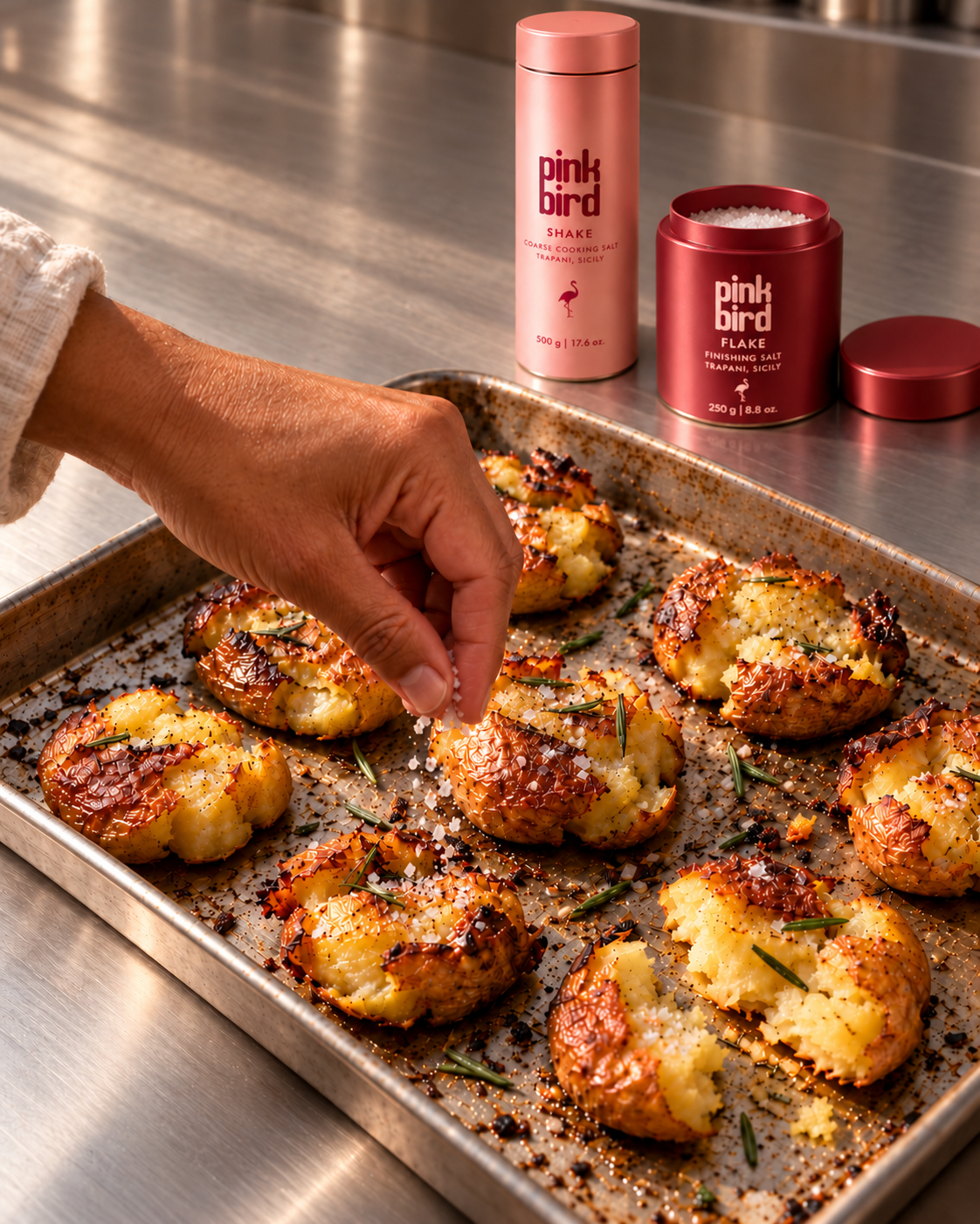Editorial visualization: A hand sprinkles finishing salt over roasted potatoes on a tray, with the open Flake jar and cap nearby. Packaging and salt texture are illustrative.